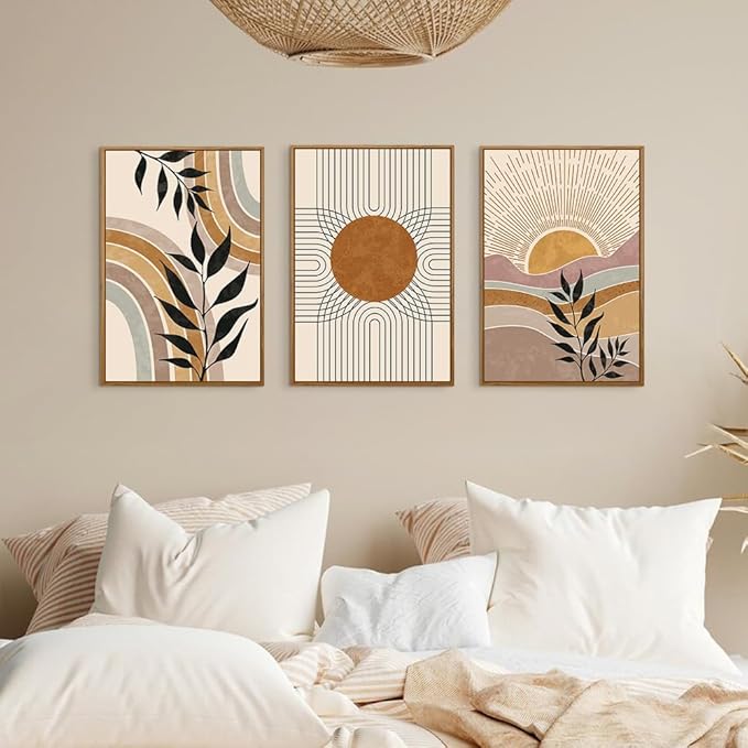 HPINUB Boho Framed Canvas Wall Art Prints, Set of 3 Mid Century Modern Wall Decor, Nature Plants Desert Sun Art Paintings, Bohemian Artwork for Living Room, Bedroom, Dining Room, Office - 24"x36"x3