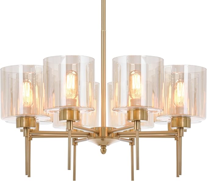 Brass Modern Chandeliers, Metal 8-Lights Chandelier Light Fixture with Amber Glass Shade, Hanging Pendant Lighting for Living Room, Dining Room, E26