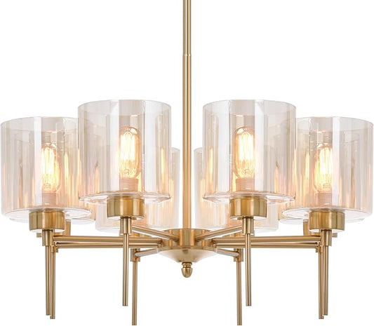 Brass Modern Chandeliers, Metal 8-Lights Chandelier Light Fixture with Amber Glass Shade, Hanging Pendant Lighting for Living Room, Dining Room, E26