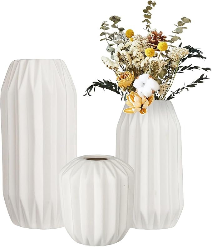 Ceramic Vase Set of 3, White Vase for Modern Home Decor, Decorative Vases for Bouquet Pampas Grass Dried Flowers, Living Room, Bedroom, Bathroom, Shelf Centerpiece Table Decorations