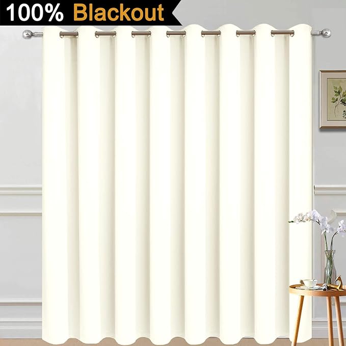 Yakamok 100% Blackout Patio Door Curtain Panels - Extra Wide, Thermal, Grommet Drapes for Sliding Glass Door, Cream, W100 x L84, 1 Panel