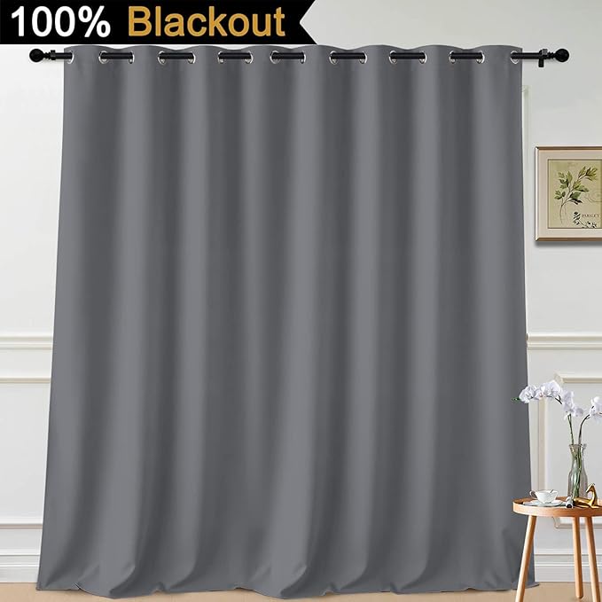 Yakamok 100% Blackout Thermal Insulated Grommet Curtains, Noise Reducing Barrier Panel for Sliding Glass Door, 2 Thick Layers Heat Full Light Blocking Patio Door Drapery, Grey, W100 x L108, 1 Panel
