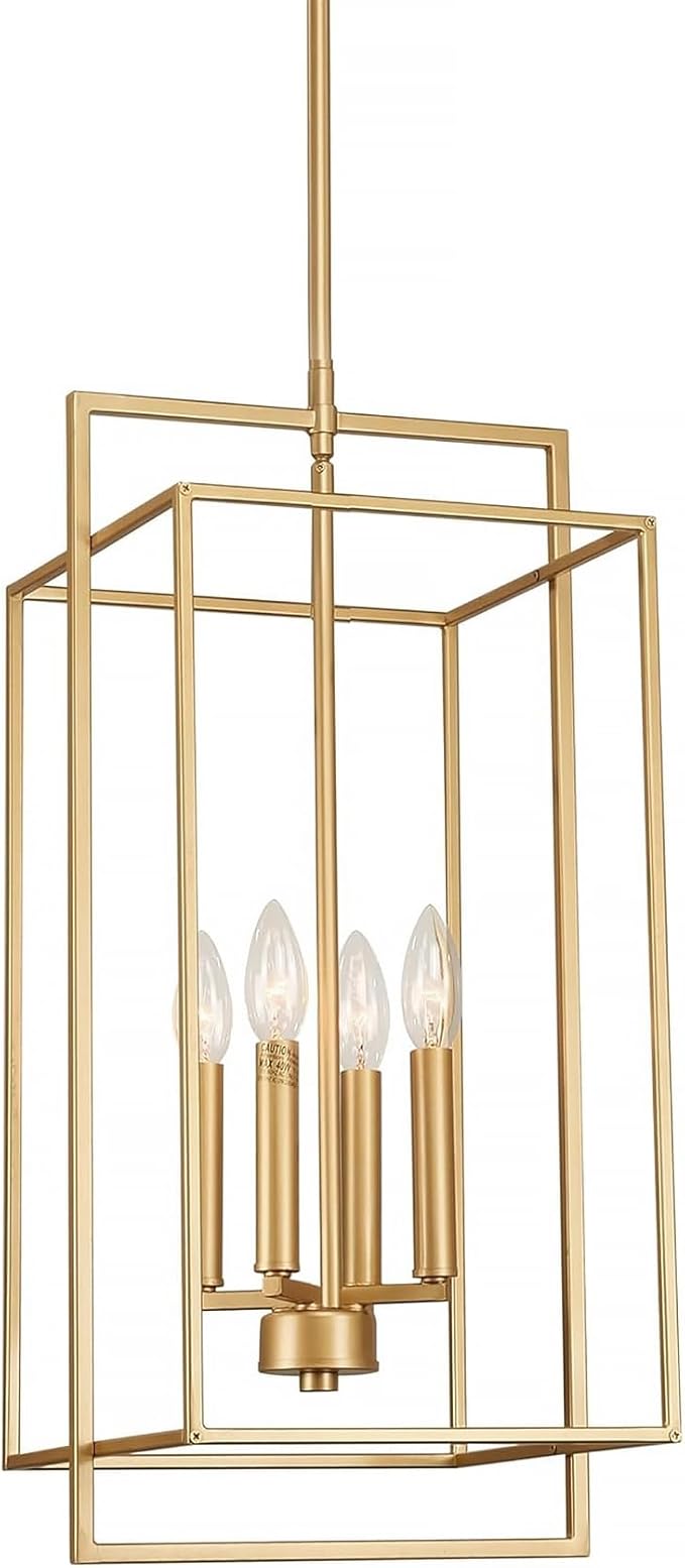 Muted Gold Chandelier Lighting Fixture with Geometric Metal Cage, 4-Light Industrial Pendant for Kitchen Island, Living Dining Room, Home Office (Gold, 24" H - 4 Lights)