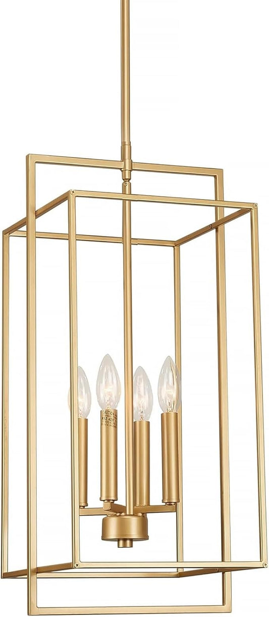 Muted Gold Chandelier Lighting Fixture with Geometric Metal Cage, 4-Light Industrial Pendant for Kitchen Island, Living Dining Room, Home Office (Gold, 24" H - 4 Lights)