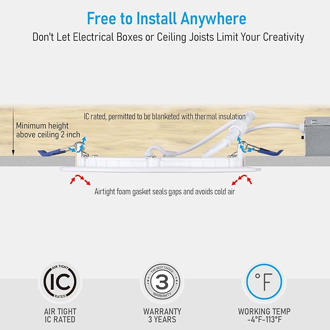 TORCHSTAR 12-Pack 5CCT 6 Inch Ultra-Thin LED Recessed Lighting with Junction Box, CRI90, Aluminum, 2700K3000K3500K4000K5000K, 5%-100% Dimmable Slim Recessed Downlight, 12W 1000LM, ETL & ES