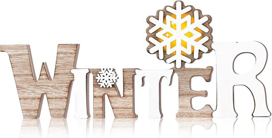 Geetery Winter LED Wooden Sign Rustic Wooden Words Sign Tabletop Centerpiece Decor Winter Snowflake Decorations for Table Home Indoor Party