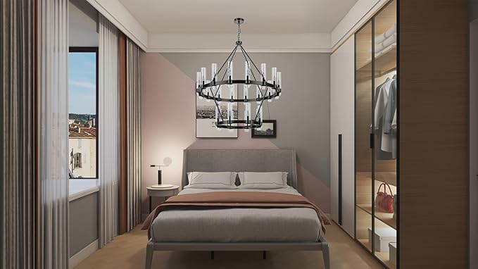 48 Inch Black Wagon Wheel Chandelier 2 Tier with Glass Shade, 24 Lights, Modern Farmhouse Style, Ideal for Dining Room, Kitchen, Entryways