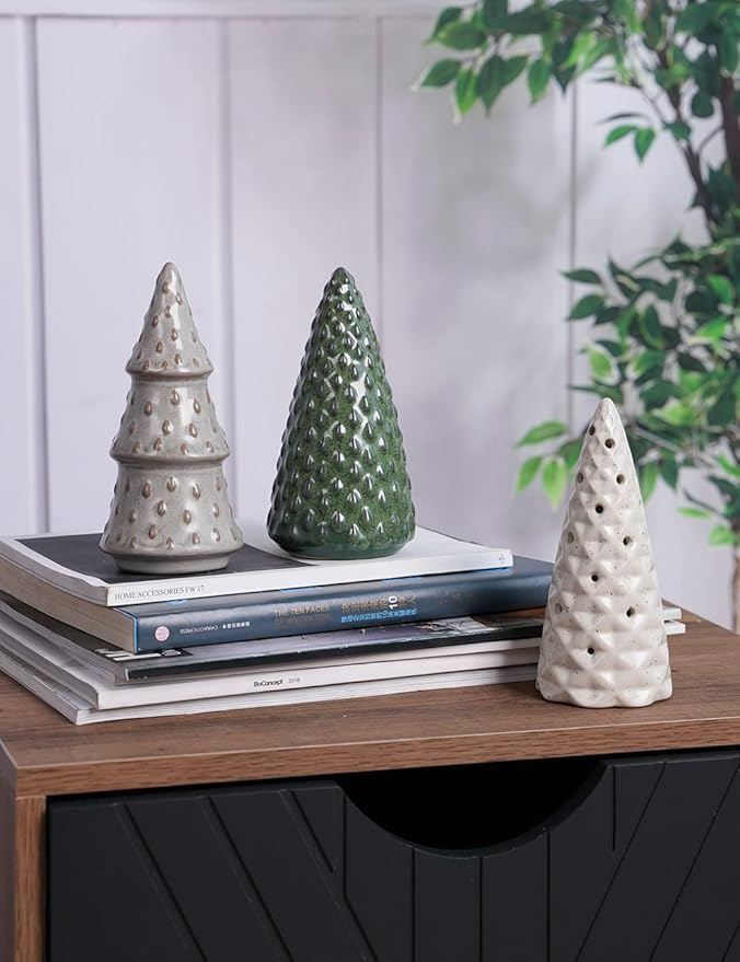 HAUCOZE 3pcs Christmas Figurine Decor Tree Statue Modern Sculpture Home Gifts Table Centerpiece Crafts Ceramic Arts 5.9inch