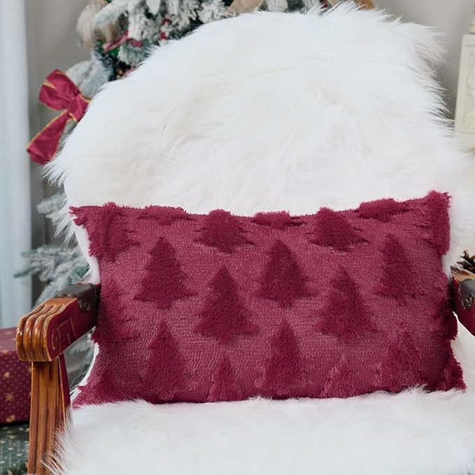 GEEORY Christmas Tree Throw Pillow Covers 12x20 Inch Set of 2, Xmas Winter Soft Plush Faux Fur Wool Decorative Farmhouse Holiday Cushion Case for Home Decoration (Wine Red) GC009-12