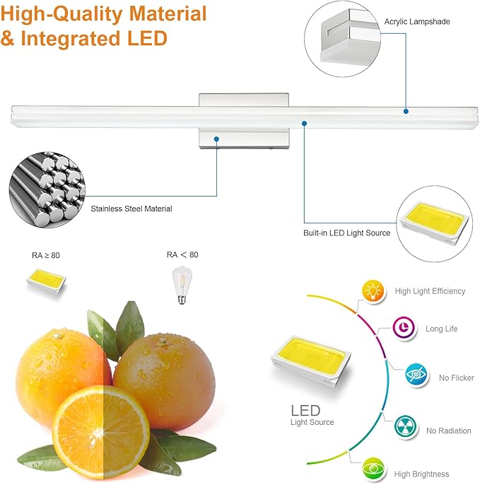 SineRise 40-Inch LED Modern Bathroom Vanity Light Bar, Chrome Modern Acrylic Bathroom Wall Lighting Fixtures Over Mirror (Cool White 6000K)