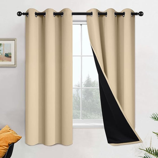 Yakamok Beige 100% Blackout Curtains, Thermal Insulated Total Blackout Drapes for Bedroom, Heat Blocking Window Curtains for Living Room(42Wx63L, 2 Panels)