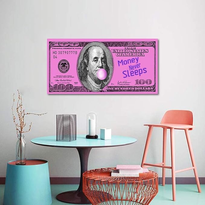 Yatsen Bridge Money Never Sleeps Wall Art Inspiraional Pink Dollar Money Artwork Pop Art Wooden Framed Ready to Hang-32 inch x 16 inch