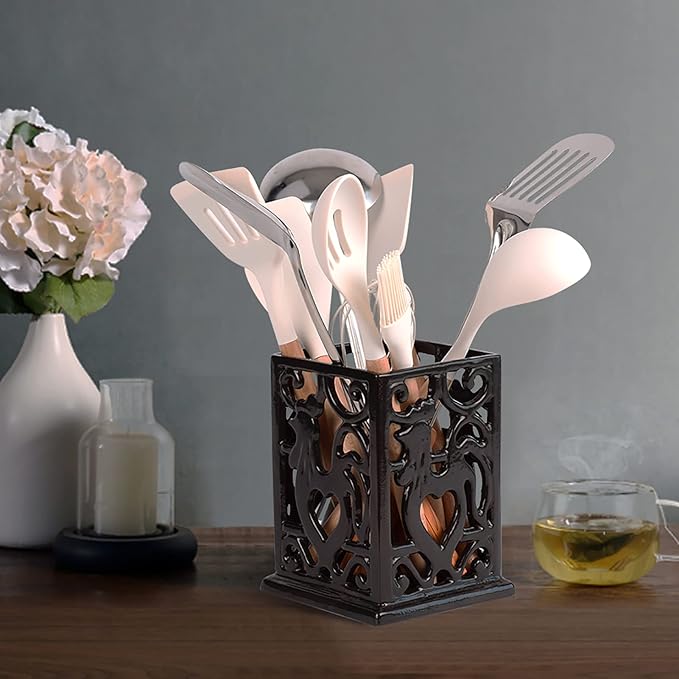 Vintage Utensil Holder for Countertop, Robust Cast Iron Utensil Holder for Kitchen Counter Cooking Tools Crock Spoon and Spatula Holder Organizer, Coffee Gold