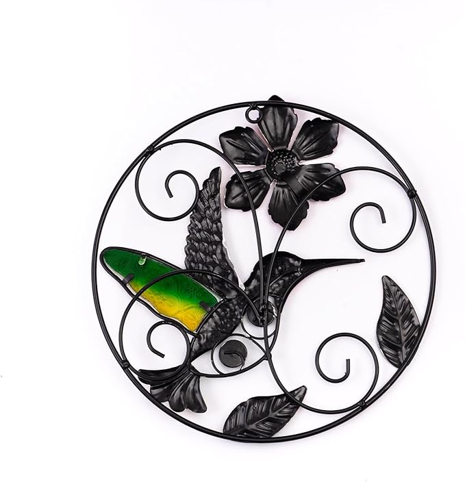 Jusimux 2 Pack the lovely Round metal/Glass Hummingbird and Flower wall Art Decor, 9.5 Inch Fence Decorations Outdoor Hanging Decor for Patio Bedroom Living Room Garden Yard