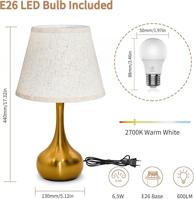 ONEWISH Touch Table Lamp for Bedroom, 3-Way Dimmable Gold Bedside Lamps for Nightstand with Fabric Shade, Desk Lamp for Kids Reading, Home Office