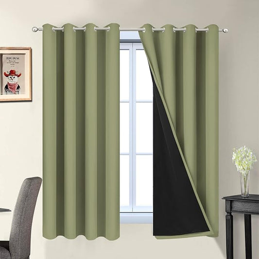 Yakamok 100% Blackout Window Curtain Panels, Heat and Full Light Blocking Drapes with Black Liner for Nursery,Thermal Insulated Draperies (Sage, 2 Pieces, 52Wx63L)