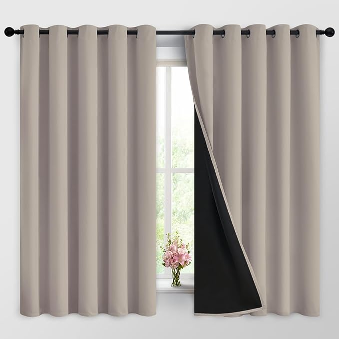Yakamok 100% Blackout Curtains 63 Inches Long, 2 Thick Layers Heat and Full Light Blocking Soft Thermal Insulated Drapes for Bedroom(62" Wide Each Panel, Natural, 2 Panels)