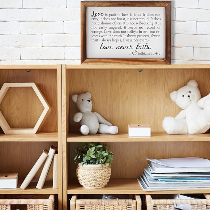 CHDITB Love Is Patient Framed Wood Sign Plaque(16×11), 1 Corinthians Wooden Wall Table Sign with Inspirational Quotes, Vintage Holy Bible Christianity Wall Art Sign for Living Room Farmhouse
