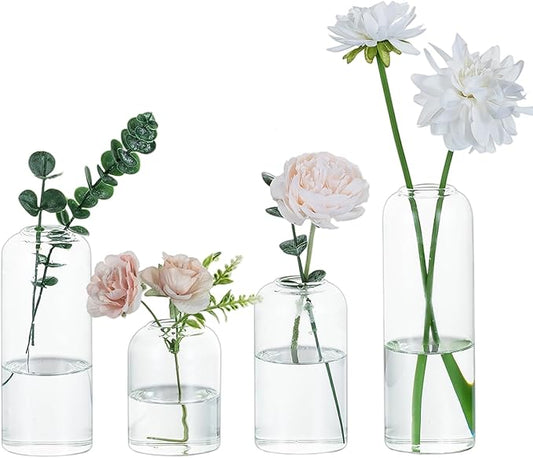 Glasseam Glass Bud Vase for Centerpieces, 4pcs Small Flower Vase Set for Single Rose Bouquet, Modern Minimalis Clear Table Centerpieces for Home Decor Living Room Bathroom Kitchen Wedding Party
