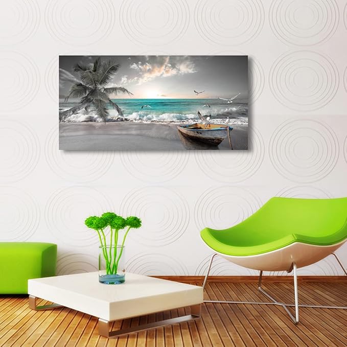 Beach Sea Wave Pictures Canvas Wall Art For Living Room Bedroom Wall Decor,Sea Wave Wall Art Print Paitnings For Home Decor,Morden Artwork Palm Boat Canvas Art Waterproof Ready To Hang-28x57 Inches