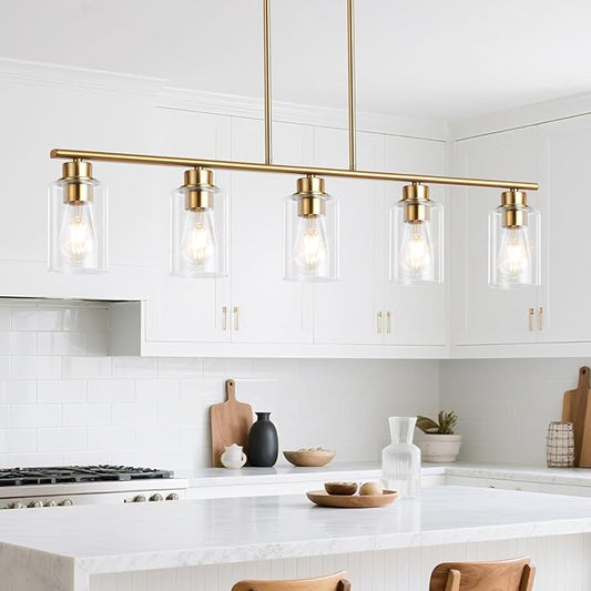 Kitchen Island Light, 5-Light Pendant Lighting, Farmhouse Industrial Dining Room Light Fixtures for Kitchen Island Dining Living Room, Brushed Gold with Clear Glass Shade
