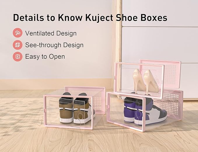 Kuject X-Large Shoe Storage Boxes Organizers Clear Plastic Stackable 12 Pack, Shoe Rack & Holder Substitute, Sneaker Containers, Toy Storage Organizer Bins for Entryway, Closet, Under Bed, Pink