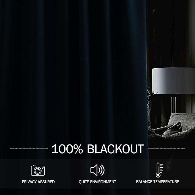 StangH Navy Blue Blackout Curtains 90 inches Luxury Velvet Thermal Insulated Window Drapes Liner Back Tab Hook Belt Heavy Thick Curtains for Living Room Bedroom, W52 x L90, 2 Panels
