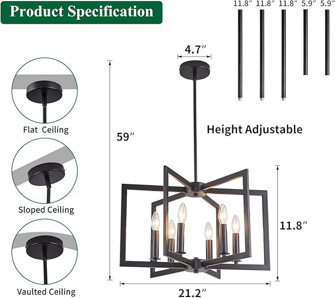 Dining Room Light Fixture, Modern Black Chandelier Farmhouse Metal Pendant Light for Foyer Enteyway Living Room Kitchen Island, 6 Wrought Iron Lights E12 Bulbs, Height Adjustable, 21.2 inch
