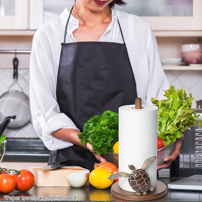 Turtle Paper Towel Holder - Decorative Paper Towel Holders Wooden Cute Decor Sea Turtle Gifts for Women Wood Kitchen Countertop Stand Unique Funny Animal Coastal Ocean Beach House Home Beachy