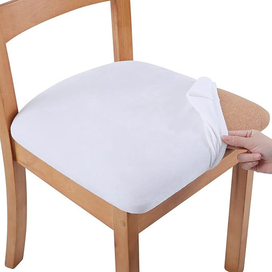 Smiry Velvet Seat Covers for Dining Room Chair Set of 6, Stretch Fit Removable Washable Chair Seat Cushion Protector Slipcovers with Ties, White
