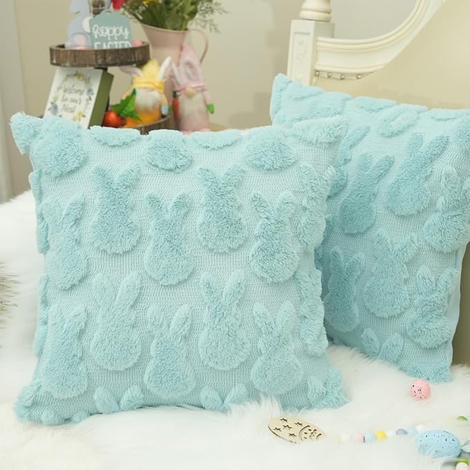 GEEORY Easter Bunny Soft Plush Pillow Covers, 20 x 20 Inch Set of 2, Fluffy Faux Fur Wool Decorative Farmhouse Cushion Case for Sofa Home Decoration Blue GC014-20