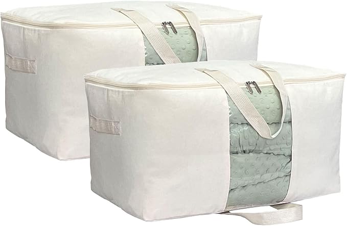 Soft Canvas Clothes Storage Bags with Four Carrying Handles and Clear Window, Closet Organizer for Clothing, Blankets Sheets and Bedding, 55L, 2 Pack, Beige