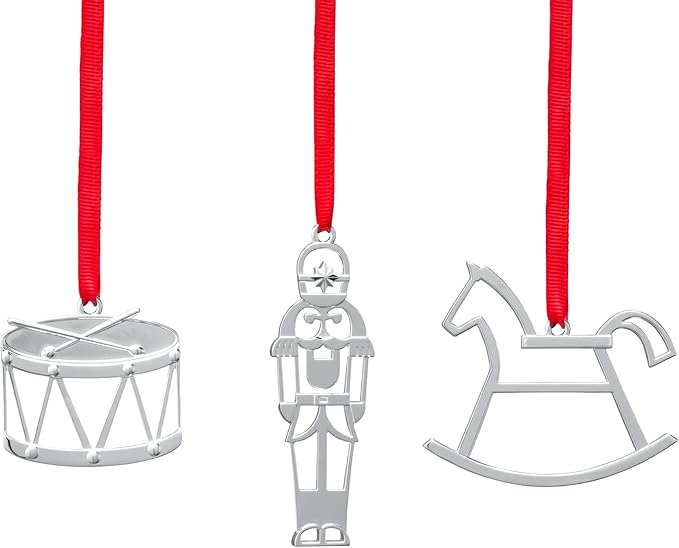 Nambe 2022 Miniature Ornament Set – Silver-Plated Rocking Horse, Nutcracker and Drum Christmas Ornaments, Holiday Tree Decorations or Collectible Keepsake Gift, Elegant Silver Plate Finish