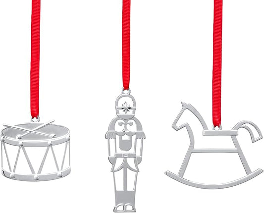Nambe 2022 Miniature Ornament Set – Silver-Plated Rocking Horse, Nutcracker and Drum Christmas Ornaments, Holiday Tree Decorations or Collectible Keepsake Gift, Elegant Silver Plate Finish