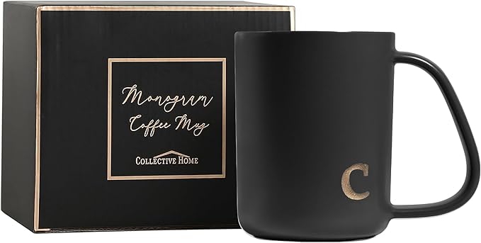 COLLECTIVE HOME - Ergonomic Handle Ceramic Mug, 15 oz Personalized Coffee Cup with Golden Initial, Microwave & Dishwasher Safe, Elegant Monogram Tea Mug in Gift Box for Home & Office (Black-c)