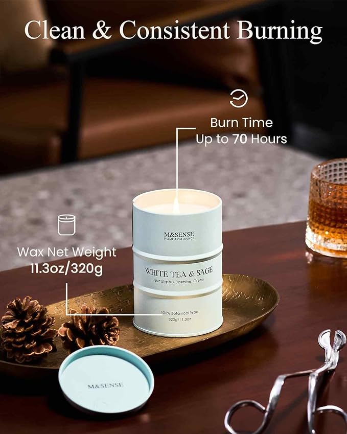 M&SENSE White Tea Sage Scented Candles Natural Non Toxic, Aromatherapy Candle for Stress Relief Meditation Relaxing, Housewarming Gifts for Women Men, 11.3oz 70 Hour Long Burning