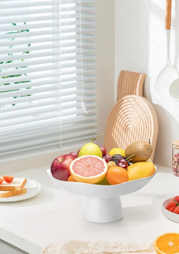 Nucookery Ceramic Fruit Bowl for Kitchen Counter, Modern Fruit and Bread Basket Stand,10 inch Large Decorative Bowl for Home Kitchen Decor, Fruit & Vegetables Holder Storage, Matte White