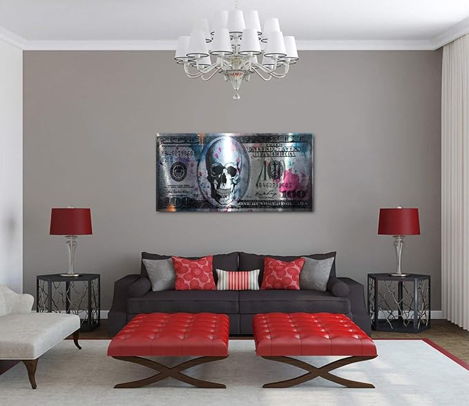 Vintage Artwork for Home Walls Large 100 Dollar Skull Wall Art Black & White Kitchen Pictures Modern Home Decor HD Print Inspirational Framed Art for Bathroom Rest Room Bar Office Wall Decor-40"Wx20"H