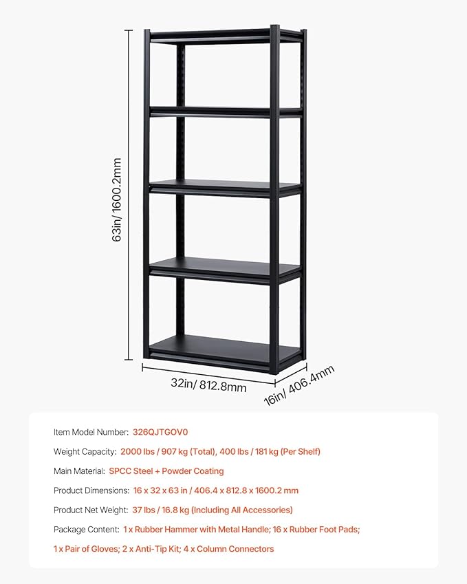 VEVOR Storage Shelves, 2000 lbs, 5 Tier Garage Storage Shelving, 16" D x 32" W x 63" H Adjustable Metal Shelves for Garage Shelves Utility Rack Shelf, Ideal for Kitchen, Warehouse, Basement, Black