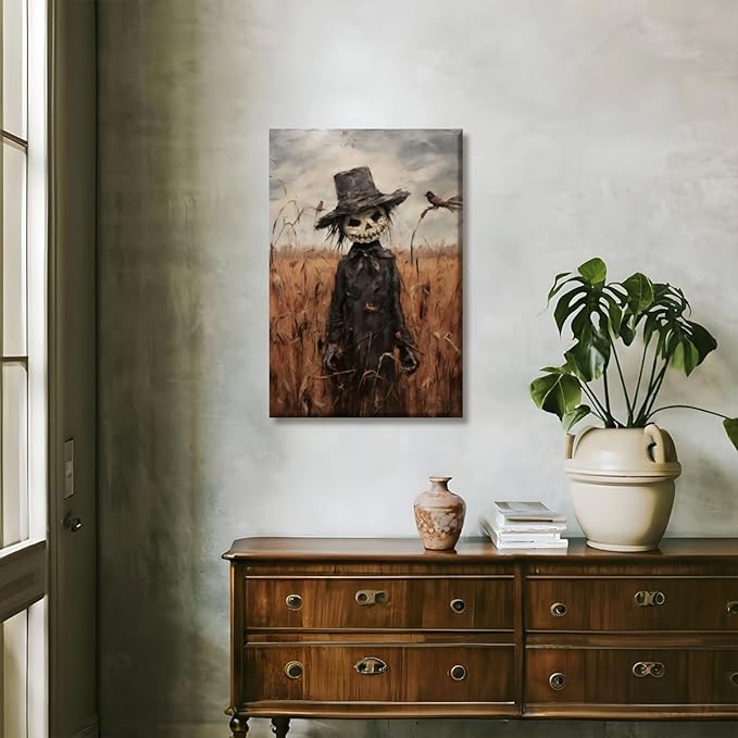 Vintage Fall Wall Art Cute Scarecrow in Field Posters Scarecrow Pictures Canvas Prints Autumn Cornfield Cottage Core Halloween Room Decor 8x12inch Framed