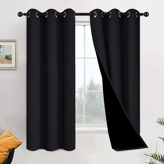 Yakamok 100% Blackout Lined Pair Curtains for Bedroom, Window Treatment Thermal Insulated Noise Blocking Drapes for Living Room(42Wx63L,Black, 2 Panels)