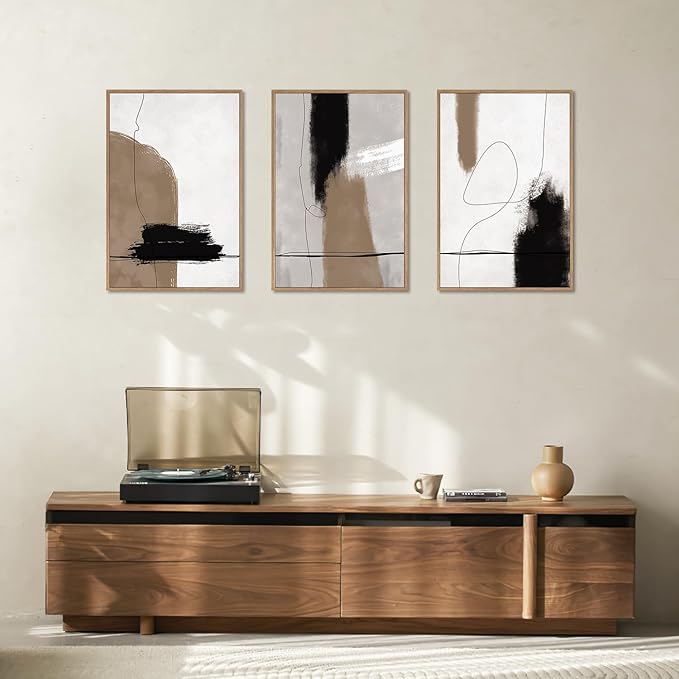 KAIRNE Abstract Neutral Framed Canvas Wall Art Set of 3, Abstract Black Brown Shape Decor, Modern Nordic Style Watercolor Shaped Paintings for Living Room, Bedroom, Office - 16"x24"