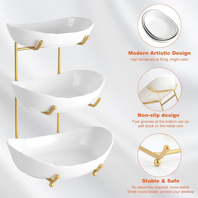 3 Tier Ceramic Fruit Bowl Basket for Kitchen Counter, Fruit Serving Bowls with Metal Stand, Tiered Fruit Basket for Fruit Vegetable Storage, Snack, Nuts, Cake, Dessert - Gold