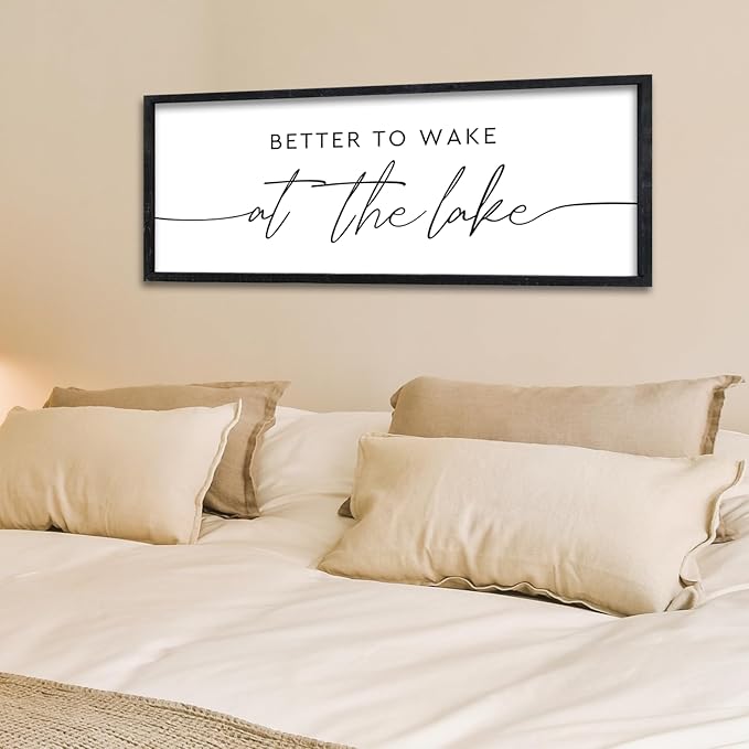 Surfapans Better To Wake At The Lake Bed Sign Wall Art Decor 32"×12" for Lake House Bedroom Above Over Bed Large Wood Framed Wall Hanging (Black)