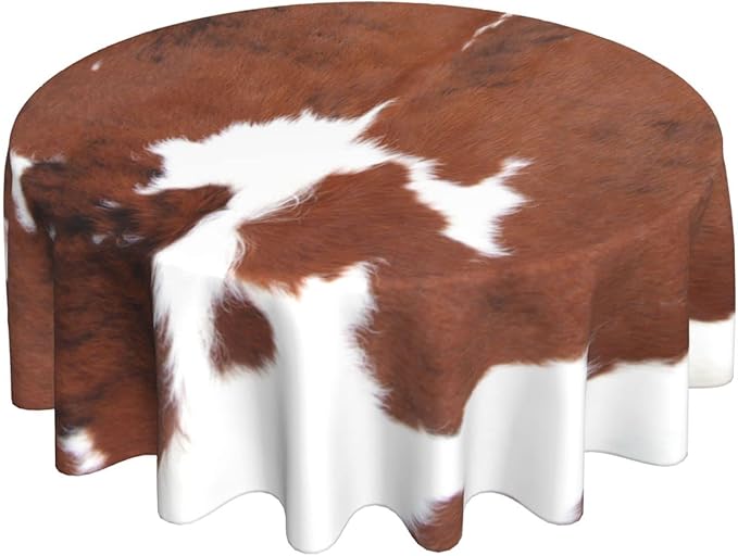 Cow Print Tablecloth Round 60 Inch Vinyl Spring Cowhide Table Cloths for Parties Waterproof Fabric Brown Animal Print Tablecloths Decorative for Holiday Home Party Wedding Picnic