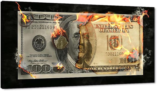 Abstract Creative Dollar Wall Art Burning 100 Bill Money Office Artwork Wall Decor HD Print Flame Dollar Work Art for Study Room Classroom Library Wall Decor Frame and Stretched Easy to Hang-40"Wx20"H