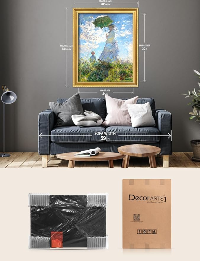 DECORARTS - Claude Monet Woman With A Parasol Giclee Print with Gold Solid Wood Frame, Impressionist Large Framed Wall Art, Ready to Hang, Framed Size 28.75x34.75, Made in USA