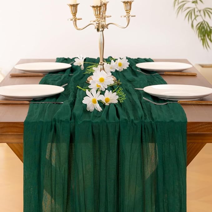 Socomi 3pcs Emerald Green Cheesecloth Table Runner Fall Thanksgiving Boho Rustic Gauze 120 inch 10FT Cheese Cloth Runner for Wedding Party Baby Shower Birthday Home Decor Holiday Decorations