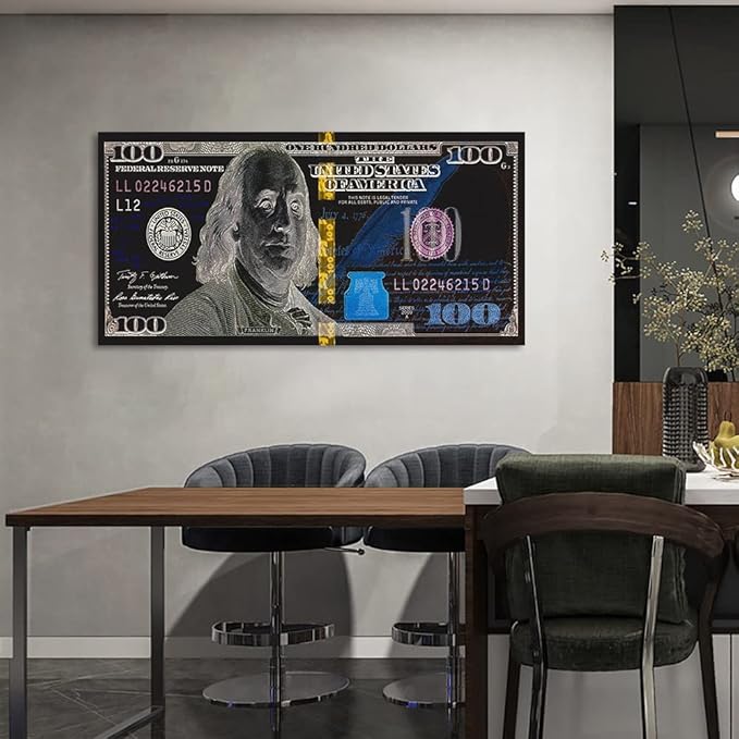 Large Size 1 Big Pcs Benjamin Franjlin 100 Dollar Canvas Wall Art Creative Motivational USD Money Artwork Office Home Decor for Walls Inspirational Gift for Men Gallery Wrapped Ready to Hang-48"Wx24"H
