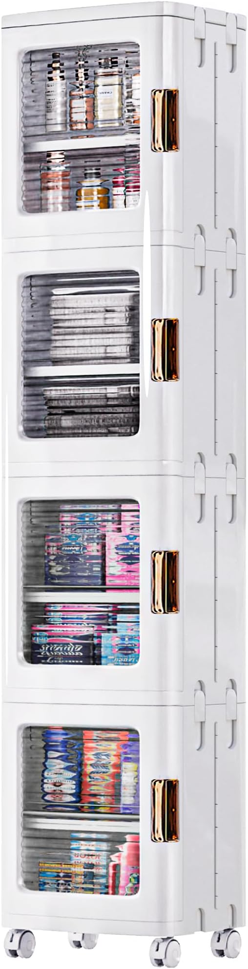 VECELO 4-Tier Plastic Tall Narrow Storage Cabinet with Movable Wheels, Adjustable Shelves, Magnetic Doors, Slim Bathroom Organizers and Storage for Small Space, Bathroom, Kitchen, Laundry, White